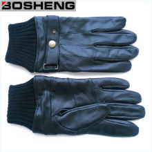 Winter Black Leather Gloves with Knitted Cuff & Strap